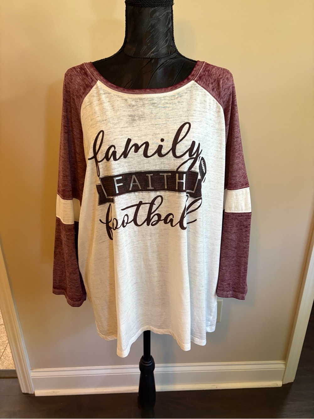 Family Faith Football Raglan Top - White and Burgundy